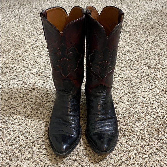 Lucchese Full Quill Ostrich mens Exotic Cowboy Western BLACK CHERRY - Picture 1 of 12
